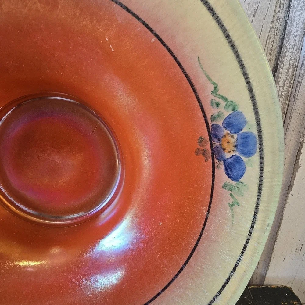 Lancaster Stretch Glass Ruby Lustre‎ Orange Blue Flowers Bowl Compote